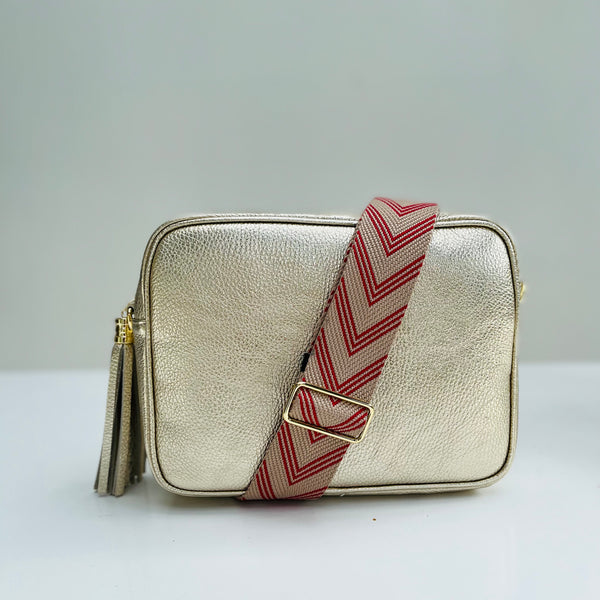Gold Leather Large Tassel Cross Body Bag with red chevron bag strap