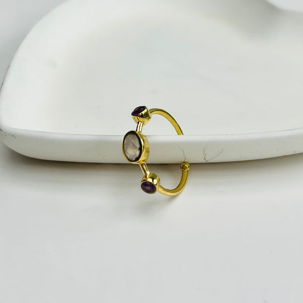 Semi-Precious Triple Stone Gold Adjustable Ring - choice of colours