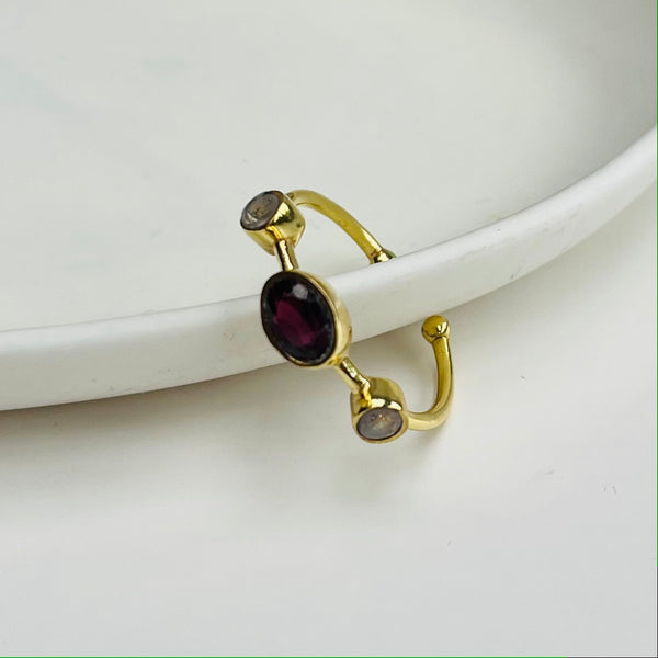 Semi-Precious Triple Stone Gold Adjustable Ring - choice of colours