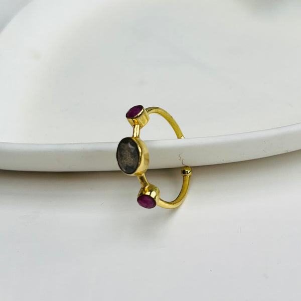 Semi-Precious Triple Stone Gold Adjustable Ring - choice of colours