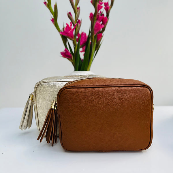 Gold and tan Leather Large Tassel Cross Body Bag
