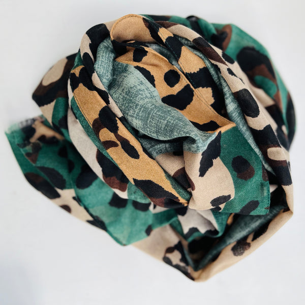 Forest Green and Camel Block Leopard Print Scarf