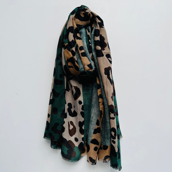 Forest Green and Camel Block Leopard Print Scarf