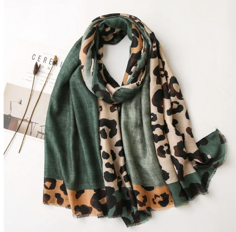 Forest Green and Camel Block Leopard Print Scarf