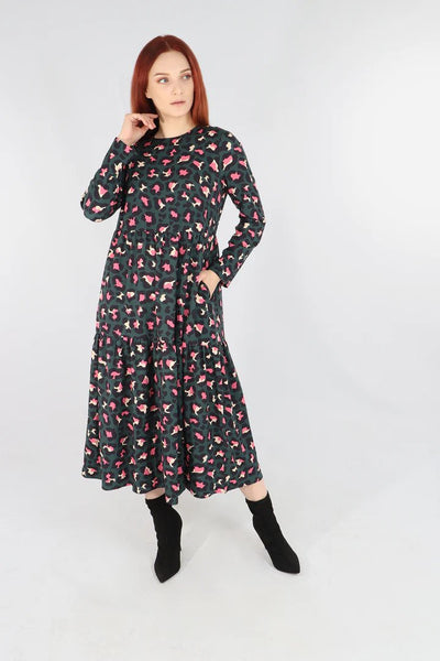 Green and Pink Scattered Leopard Print Tiered Dress - with pockets