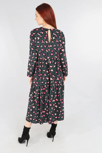 Green and Pink Scattered Leopard Print Tiered Dress - with pockets
