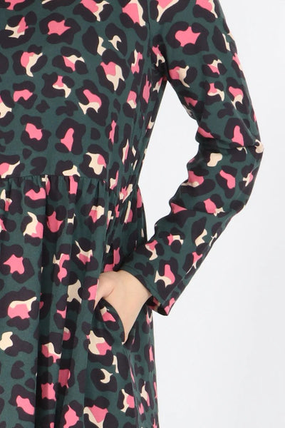 Green and Pink Scattered Leopard Print Tiered Dress - with pockets