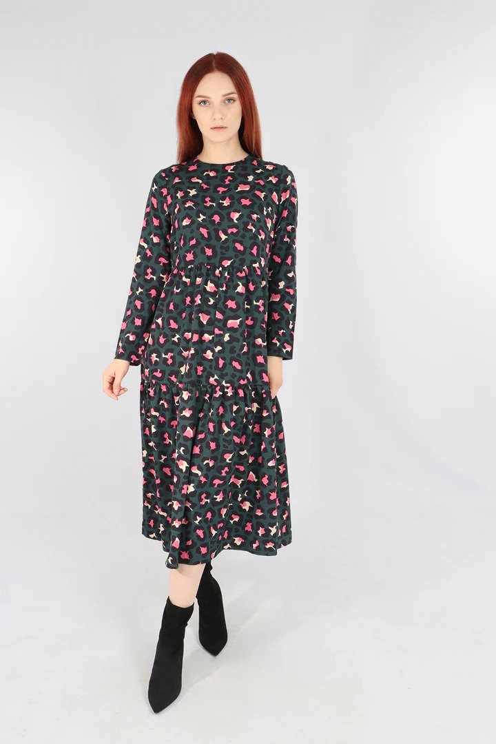 Green and Pink Scattered Leopard Print Tiered Dress - with pockets