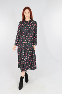 Green and Pink Scattered Leopard Print Tiered Dress - with pockets