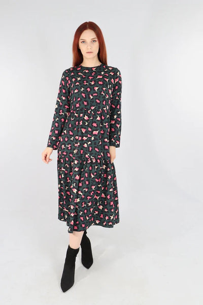 Green and Pink Scattered Leopard Print Tiered Dress - with pockets