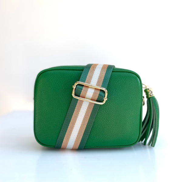 Green Leather Tassel Cross Body Bag with green and rose gold stripe bag strap