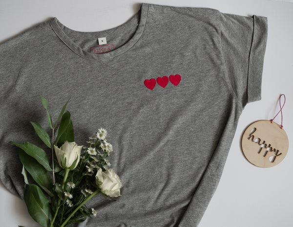 Triple Hearts Embroidered Grey Tee - Boyfriend Fit