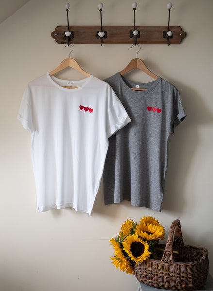 Triple Hearts Embroidered White and Grey Tees - Boyfriend Fit