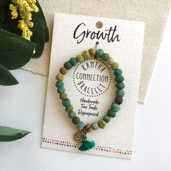 Green Kantha Fabric Connection Bracelet - Growth