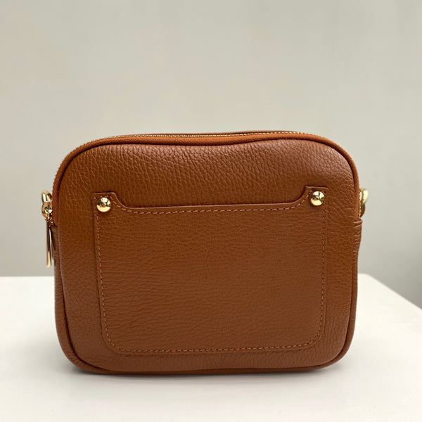 Tan Leather Double Zip Cross Body Bag