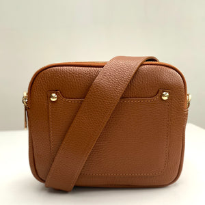 Tan Leather Double Zip Cross Body Bag