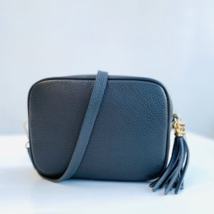 Dark Grey Leather Tassel Cross Body Bag