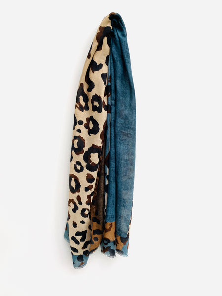 Denim Blue and Camel Block Leopard Print Scarf