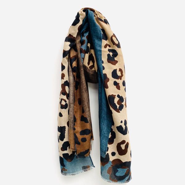 Denim Blue and Camel Block Leopard Print Scarf