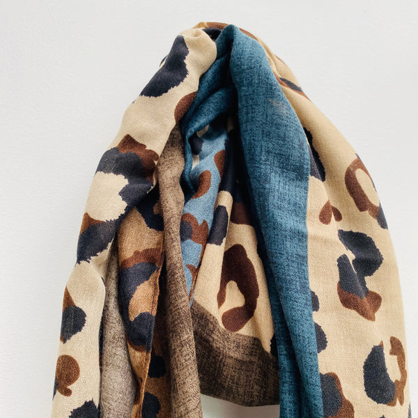 Denim Blue and Camel Block Leopard Print Scarf