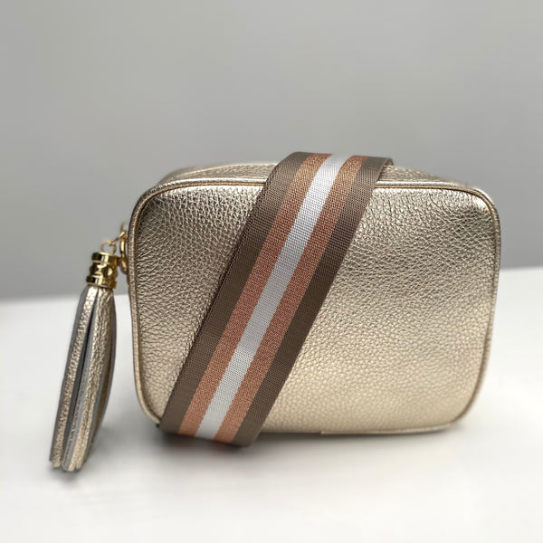 Rose Gold and Taupe Stripe Bag Strap with gold Leather Tassel bag