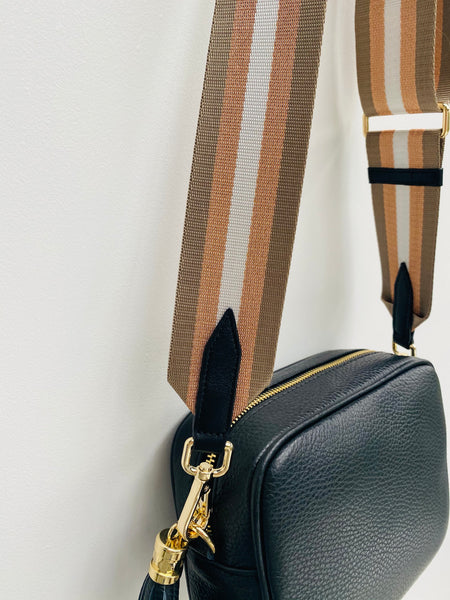 Rose Gold and Taupe Stripe Bag Strap with Black Leather Tassel bag