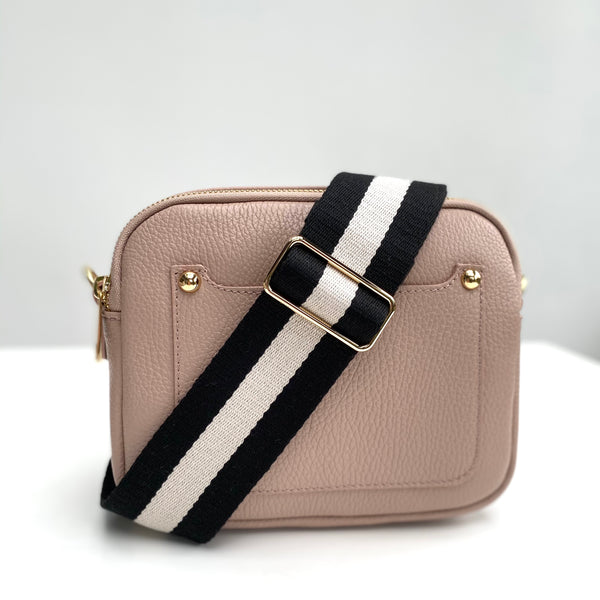 Dusky Pink Leather Double Zip Cross Body Bag monochrome strap