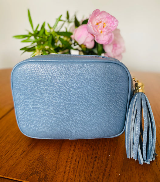 Denim Blue Leather Tassel Cross Body Bag