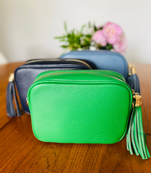 Green Leather Tassel Cross Body Bag
