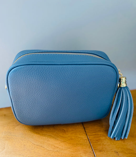 Denim Blue Leather Tassel Cross Body Bag