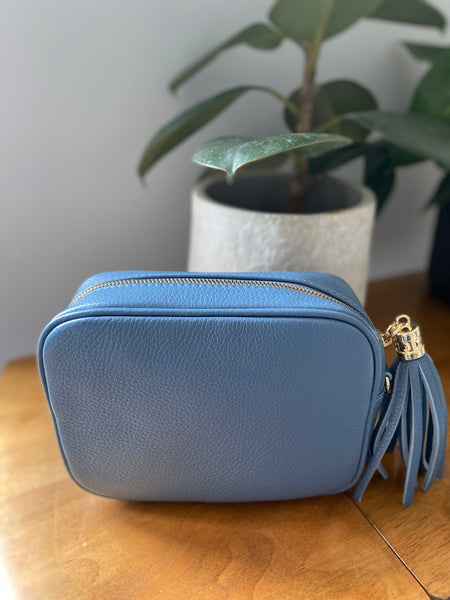 Denim Blue Leather Tassel Cross Body Bag