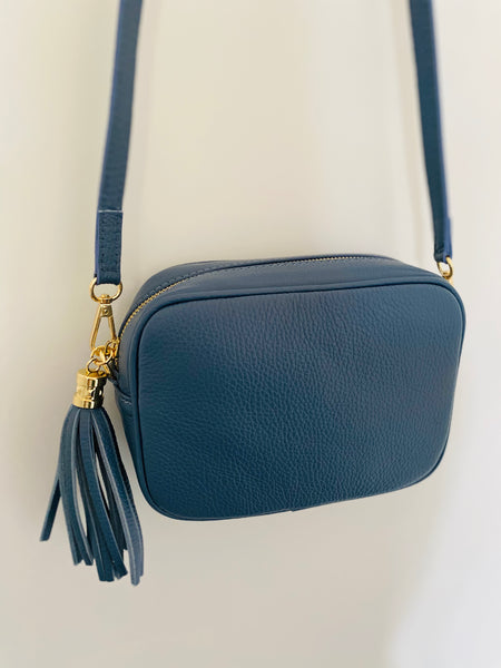 Denim Blue Leather Tassel Cross Body Bag