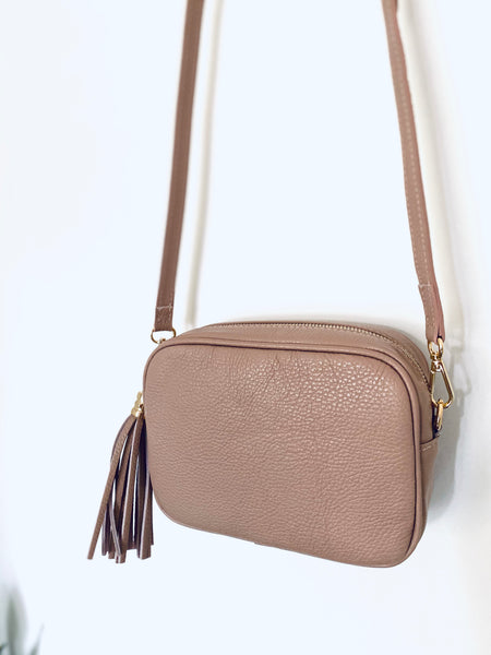 Rose Pink Leather Tassel Cross Body Bag 