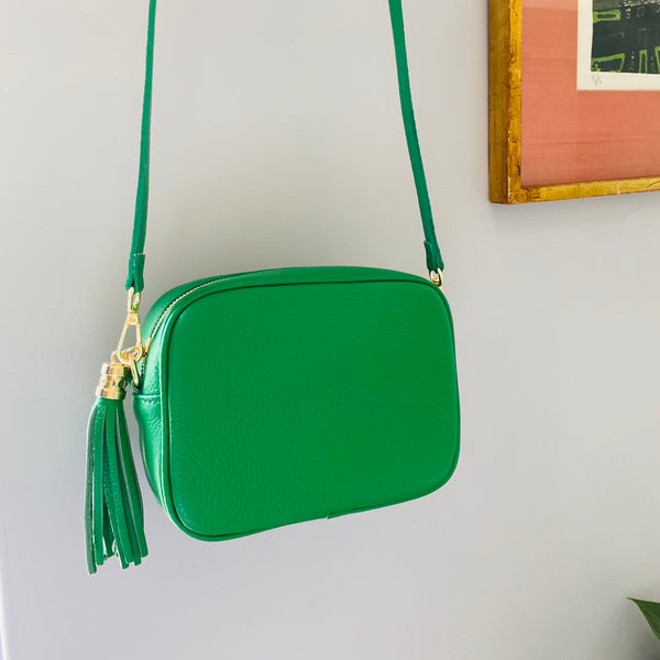 Green Leather Tassel Cross Body Bag