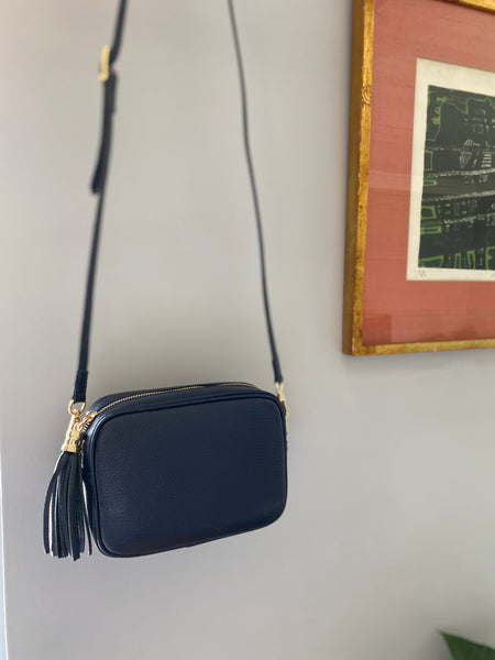 Navy Leather Tassel Cross Body Bag