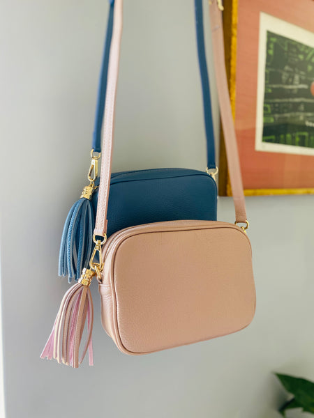 Rose Pink and Denim Blue Leather Tassel Cross Body Bags