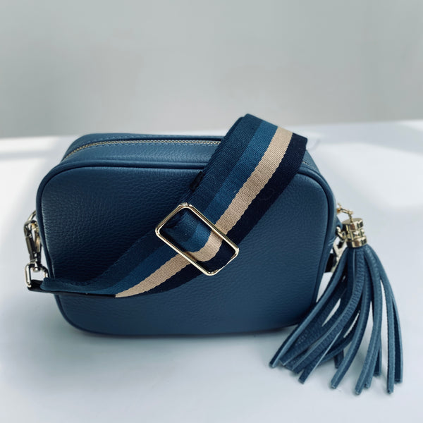 Blues and Stripe Bag Strap with denim blue leather bag