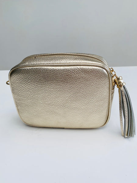 Gold Leather Tassel Cross Body Bag