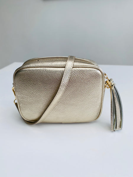 Gold Leather Tassel Cross Body Bag