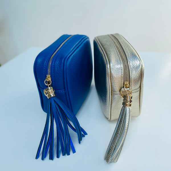 Cobalt Blue  and gold Leather Tassel Cross Body Bag