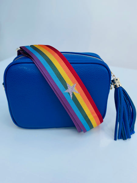 Cobalt Blue Leather Tassel Cross Body Bag with rainbow and star bag strap