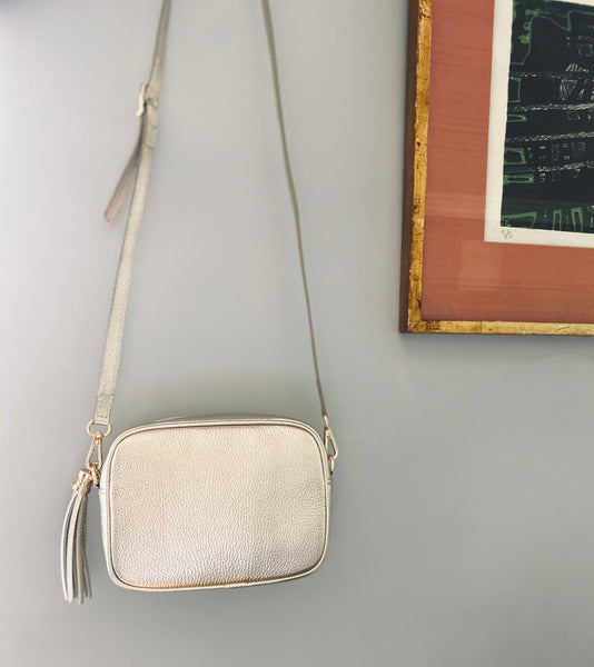 Gold Leather Tassel Cross Body Bag