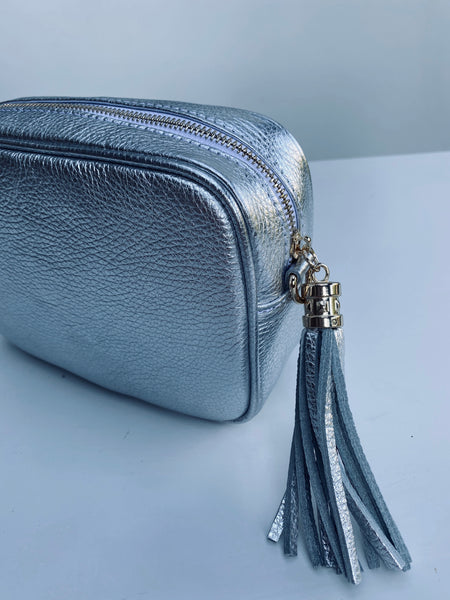 Silver Leather Tassel Cross Body Bag