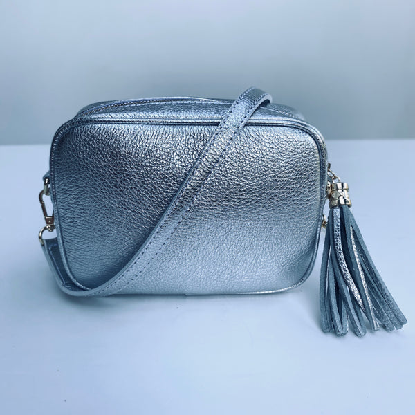 Silver Leather Tassel Cross Body Bag