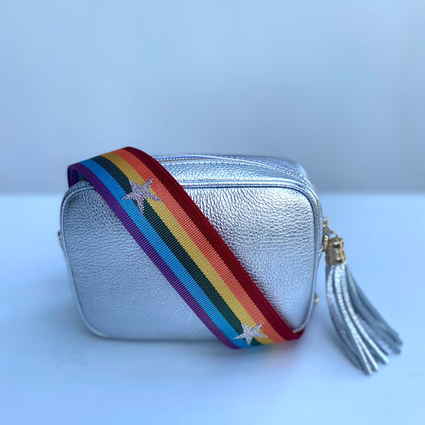 Silver Leather Tassel Cross Body Bag