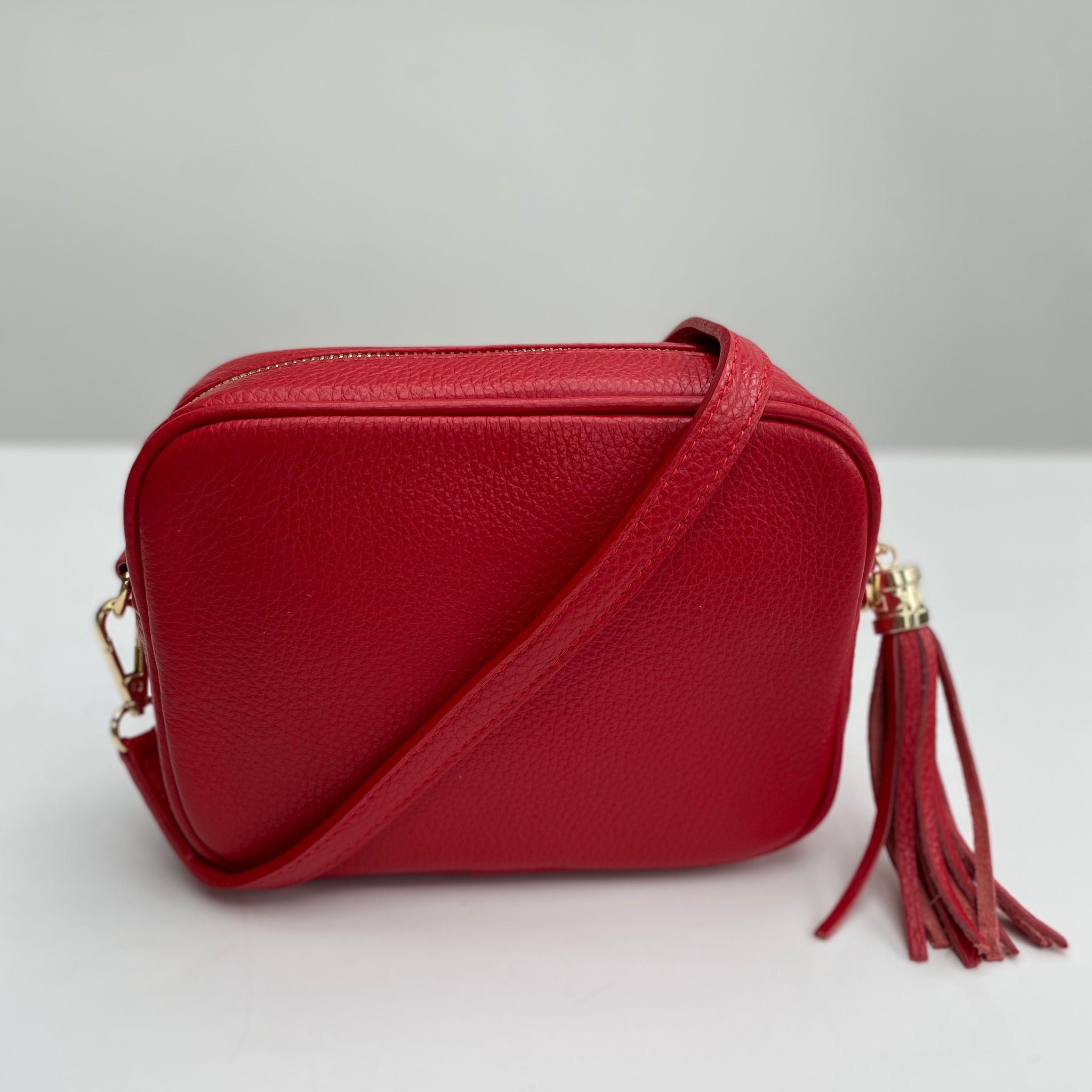 red leather handbag