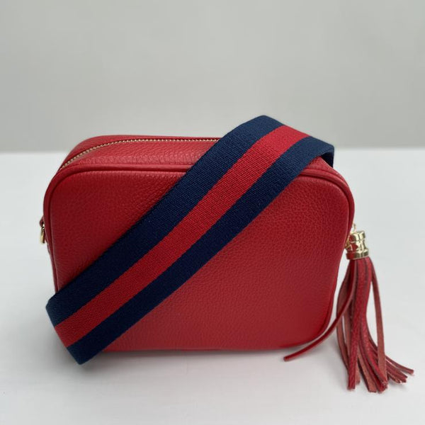Navy and Red Stripe Bag Strap with red leather tassel bag