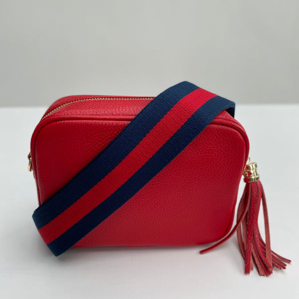 Red Leather Tassel Cross Body Bag with red and navy bag strap