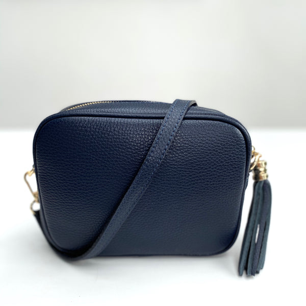 Navy Leather Tassel Cross Body Bag