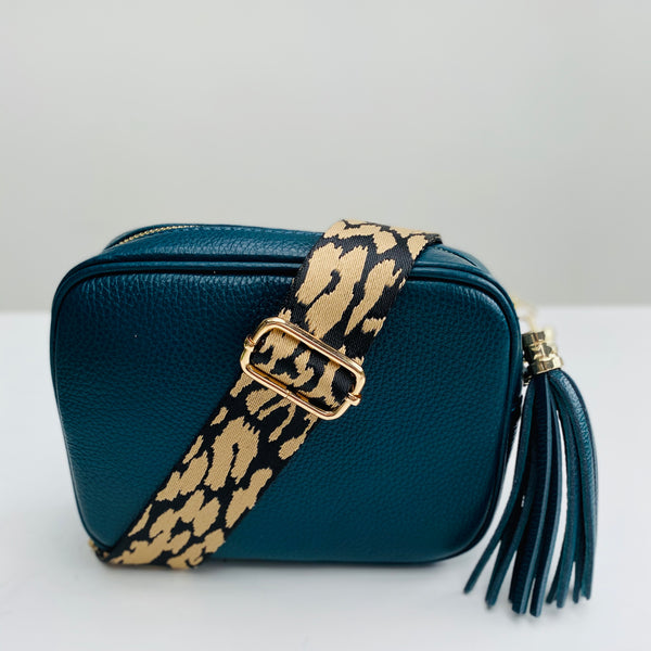 Teal Leather Tassel Cross Body Bag with taupe animal print bag strap